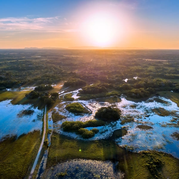 Luftaufnahme des überfluteten Pantanal bei Sonnenuntergang, Brasilien.