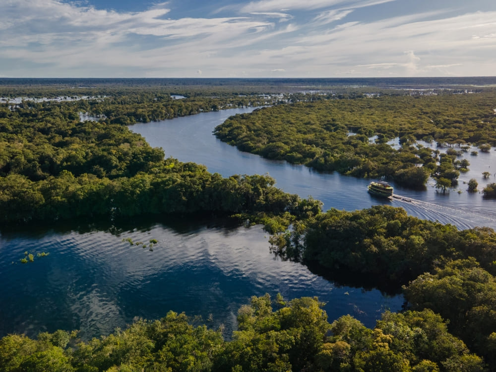 Luftaufnahme des Rio Negro, der sich durch den überfluteten Amazonas-Regenwald schlängelt, mit einem Flussboot, Brasilien.