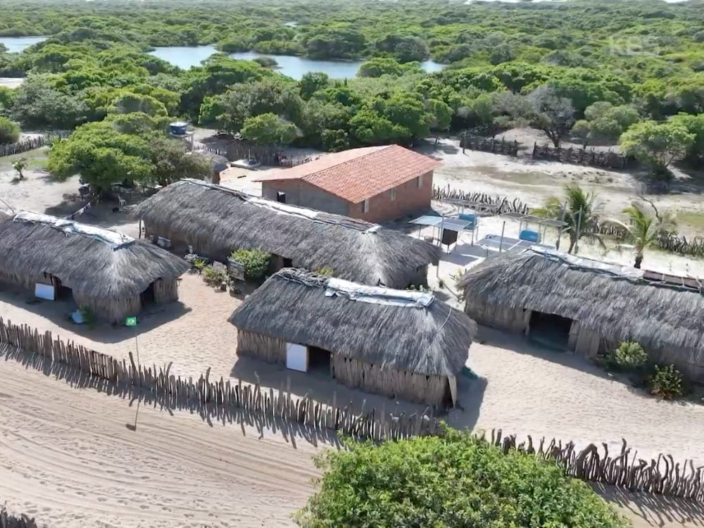 Aerial view of thatched-roof houses in a village surrounded by greenery and lagoons in Lençóis Maranhenses