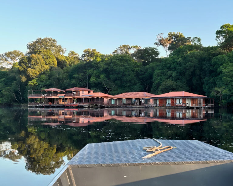 Amazon eco floating lodge on the Rio Negro seen from the boat at sunrise Amazon eco floating lodge on the Rio Negro seen from the boat at sunrise
