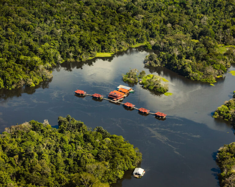 Aerial view of Uakari Floating Lodge, its red-roofed cabins lined along a walkway on the lake inside the Mamirauá Reserve