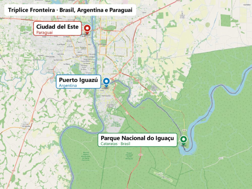 Carte de la Triple Frontière avec Ciudad del Este au Paraguay, Puerto Iguazú en Argentine et le parc national d'Iguaçu au Brésil