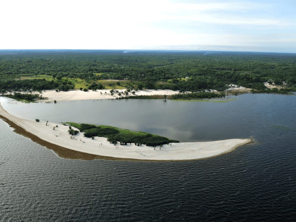 Vue aérienne de plages fluviales et de bancs de sable blanc sur une rivière aux eaux sombres, entourée de forêt amazonienne en saison sèche