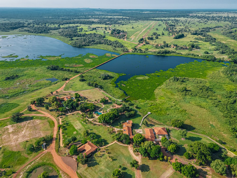 Aerial view of Caiman Ecological Refuge with its lodge, bay and wetlands of the South Pantanal
