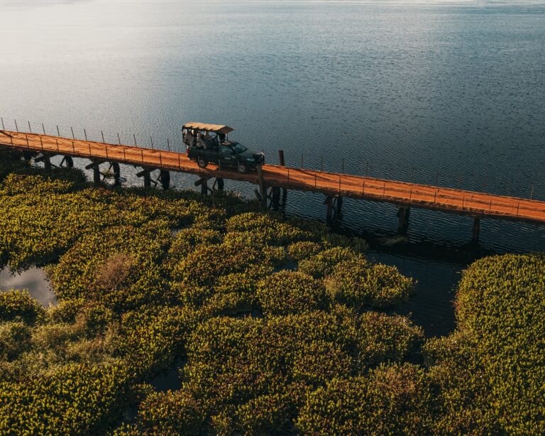 Open safari vehicle crossing a wooden bridge over the bay at Caiman Ecological Refuge in the South Pantanal