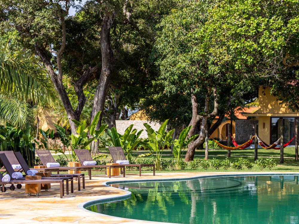 Swimming pool with loungers and hammocks under the trees at Casa Caiman lodge